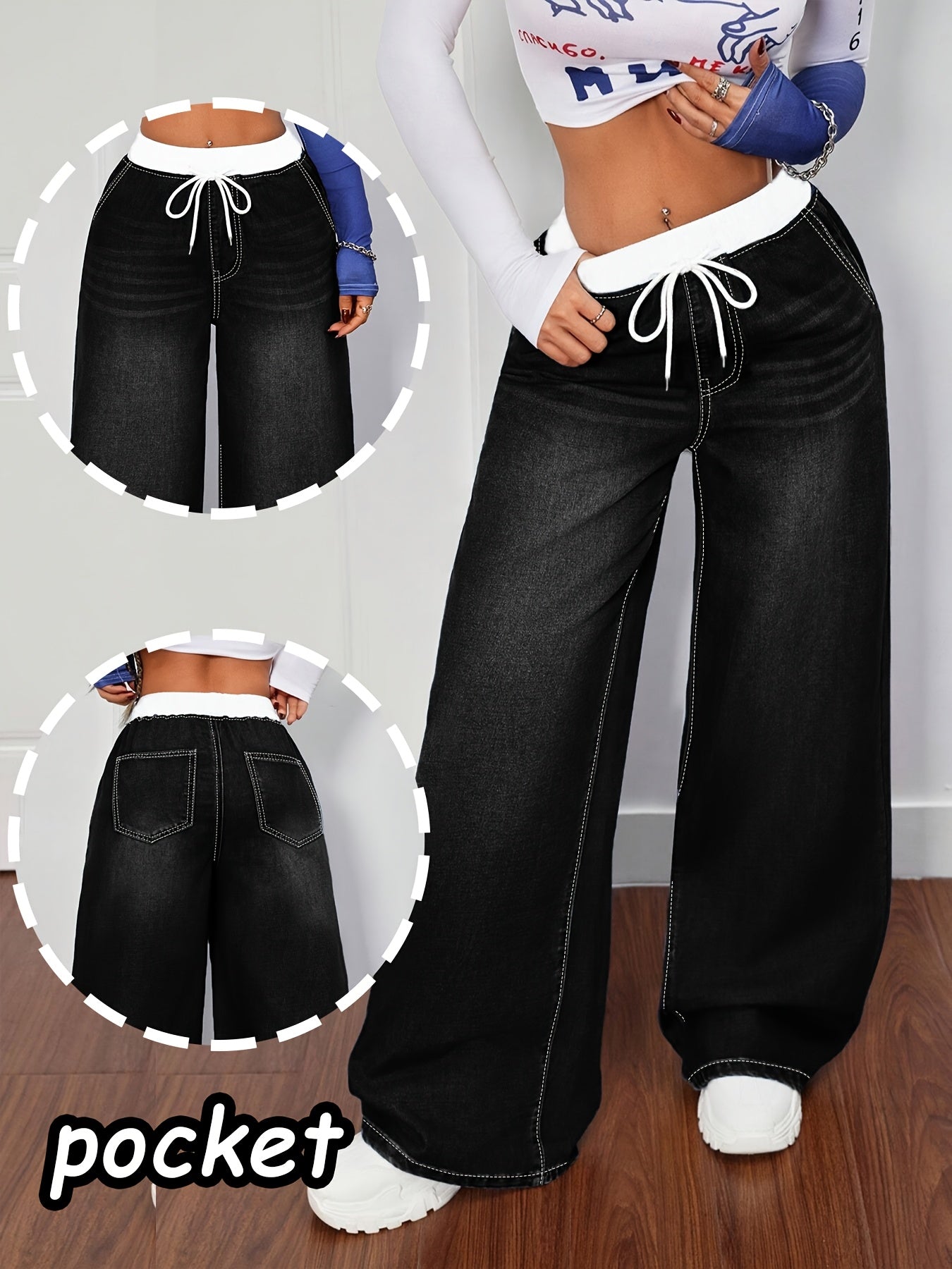 Women's Plus Size Blue Denim Pants - Whisker Details, Panel, Elastic Waist with Drawstring, Wide-Leg | High-Waisted, Slim-Fitting & Figure-Flattering | Retro Street & Casual Sporty Style | Versatile for All Seasons