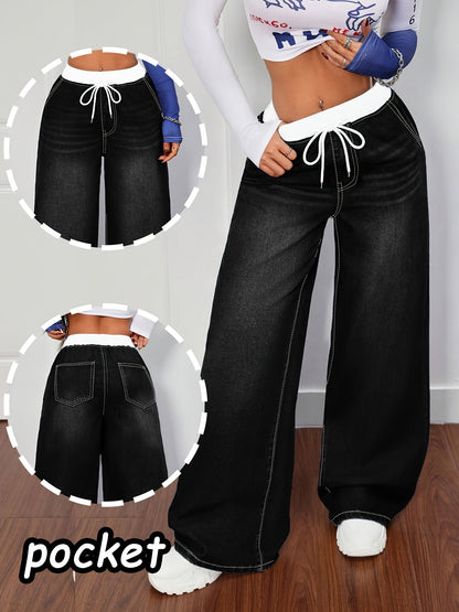 Women's Plus Size Blue Denim Pants - Whisker Details, Panel, Elastic Waist with Drawstring, Wide-Leg | High-Waisted, Slim-Fitting & Figure-Flattering | Retro Street & Casual Sporty Style | Versatile for All Seasons