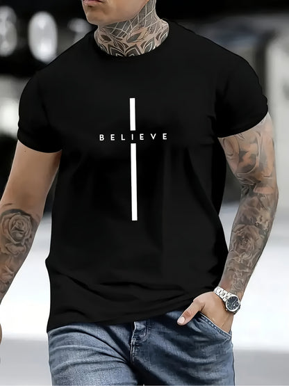 Men's BELIEVE Pattern T-Shirt- Black with White Print, Regular Fit Casual Summer Short Sleeve, Machine Washable, Street Style Design, Simple Comfortable Fabric, Lightweight Top, Trendy Streetwear Essential