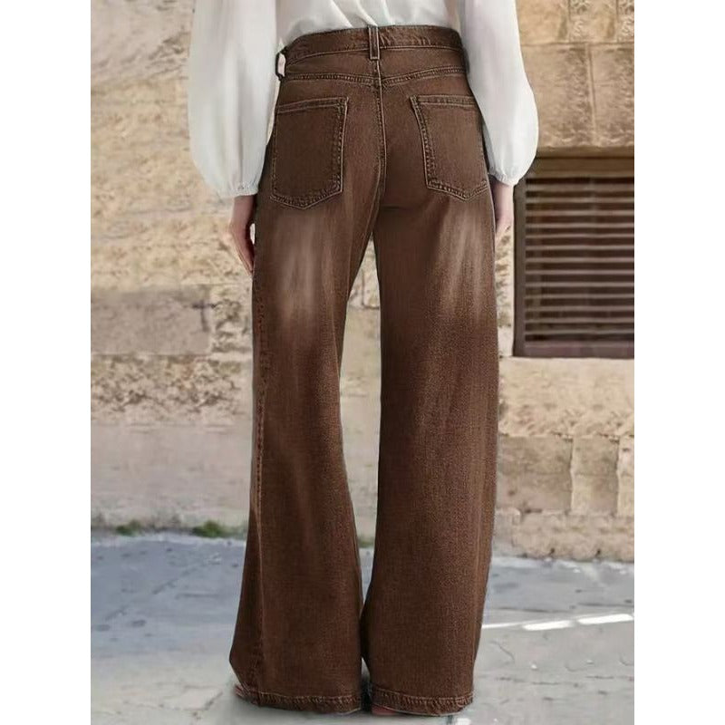 [Retro Wide-Leg Pants] 1pc Women's Retro Brown Wide-Leg Pants with Decorative Buttons & Pockets - Comfortable Versatile Bottoms for Casual Daily Wear, Street Style, Weekend Outings & Office Looks (S-XXL)