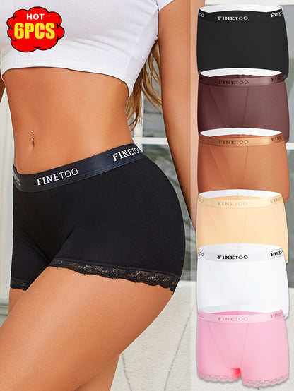 6pcs Set of Letter Waistband Lace Lace Four Corner Pants, Fashionable, Elegant, Breathable And Elastic Underwear, Suitable for Daily Commuting, Women'S Underwear And Underwear