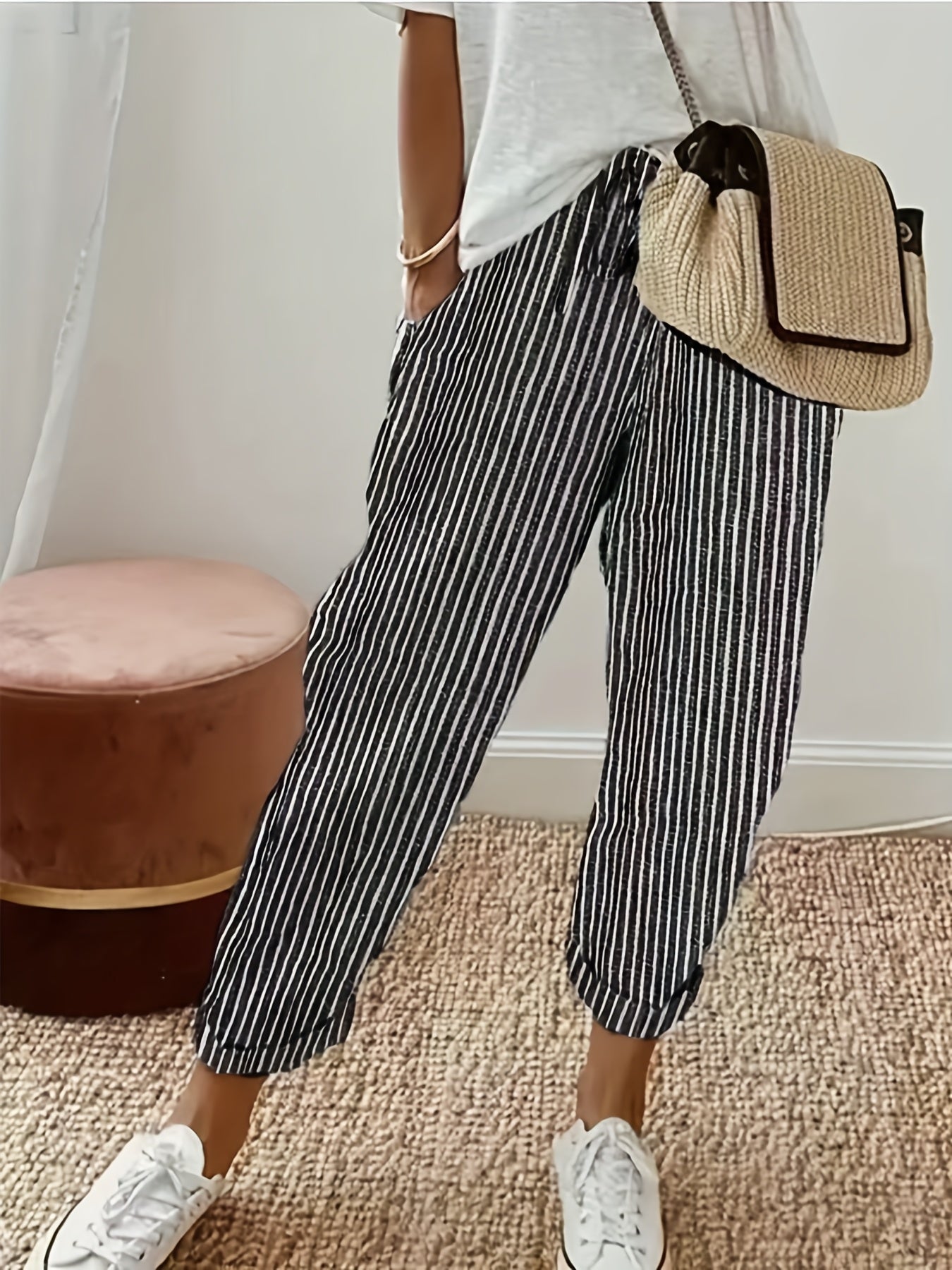 Women's High-Waisted Casual Wide Leg Pants - Lightweight Polyester, Machine Washable, All-Season Comfort with Side Stripe Detailing, 3/4 Length Relaxed Fit for Casual Attire, Comfy Pants, Versatile Wardrobe Staple, Stylish Stripe Detailing, Durable Constr