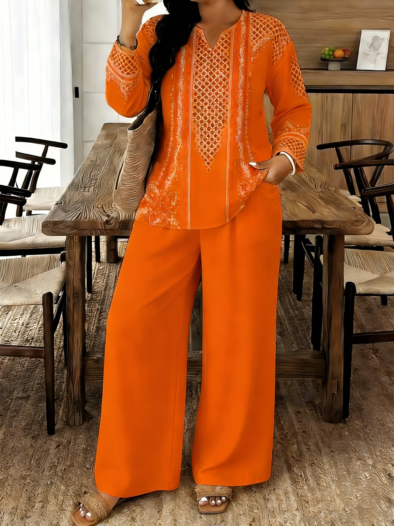 2pcs Set Of Women's Standard Size Long Sleeved Pants, Set, Spring And Summer New V-neck Long Sleeved Shirt Printed Pants Set, Digital Printed Non Hollow Top Machine Washable, Elegant And Comfortable, Suitable for Commuting And Dating
