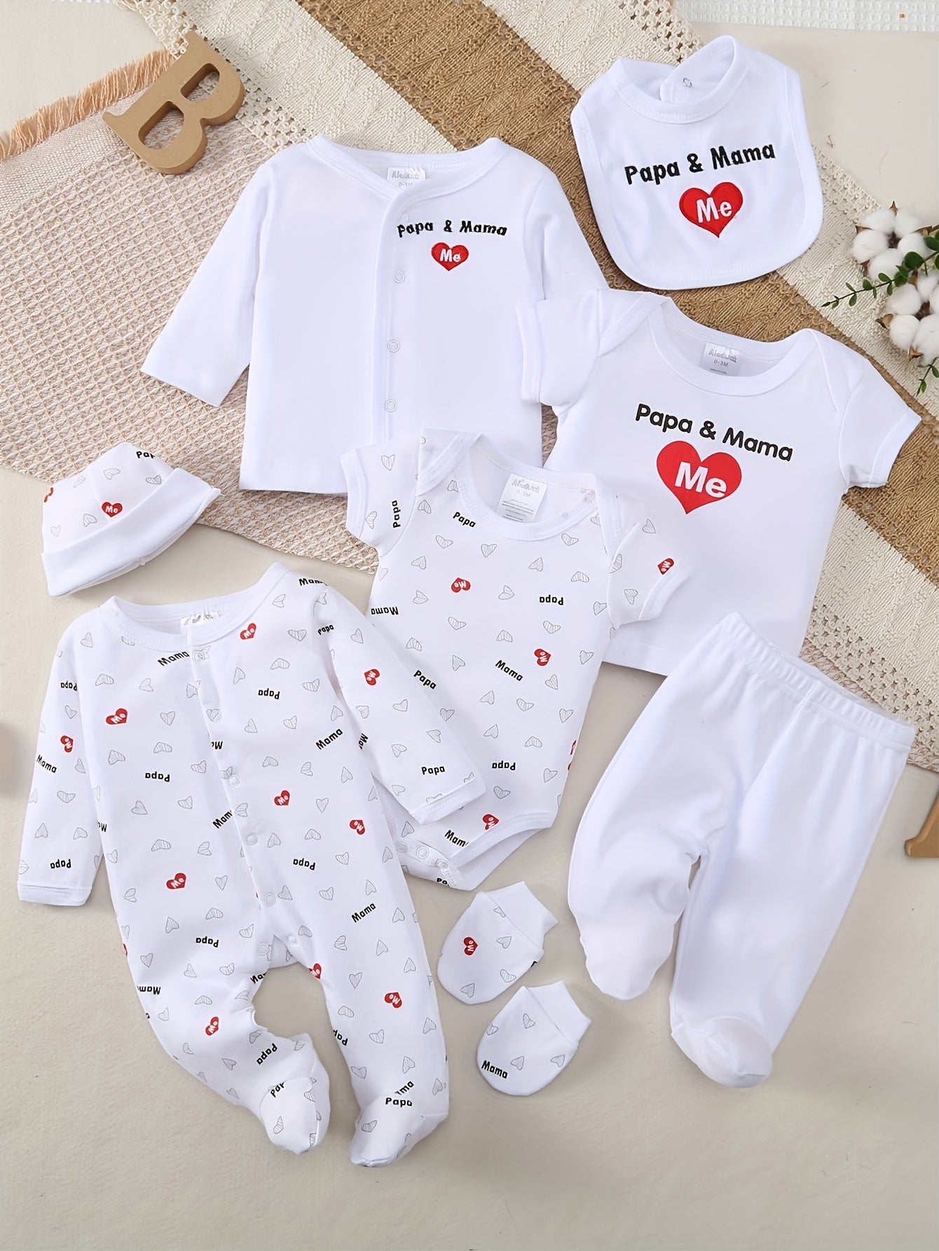 This 8pcs Soft Spring And Summer Set Is Suitable For Boys' And Girls' Clothing And Accessories With Heart Letters And Floral Patterns, Including Trousers, Hats, Bibs, Socks, Pants, Jackets And Tops, And Is Ideal For Outdoor Home Wear