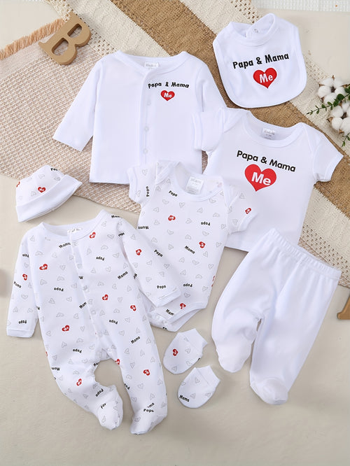 This 8pcs Soft Spring And Summer Set Is Suitable For Boys' And Girls' Clothing And Accessories With Heart Letters And Floral Patterns, Including Trousers, Hats, Bibs, Socks, Pants, Jackets And Tops, And Is Ideal For Outdoor Home Wear