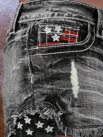 [HME]Flag- Fashionable Stretch Denim Shorts, A Must-have Item for Summer. Simple, Versatile, Fashionable And Elegant. Mid-to-high Waist Design for A Hip-lifting Effect. Two Colors to Choose From. Summer Women's Hot Pants