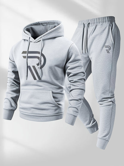 Independence Day Celebration Men's Sportswear 2pcs Hoodie with Pants, Grey with Black Logo, Non-elastic Fabric, Regular Fit, with Pockets, Suitable for Autumn And Winter, Hoodie | Pocket Pants, Sweater Hoodie, Street Style, Party Style