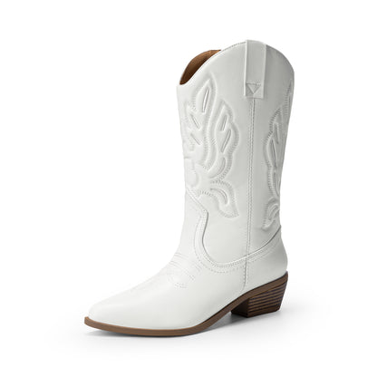 Women's Cowboy Boots Mid Calf Cowgirl Boots Embroidery Stitched Western Boots