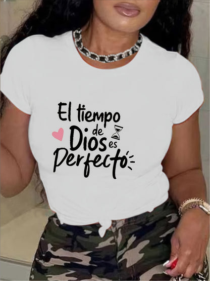 Women'S Olive Green Spanish Short Sleeve T-Shirt | "God'S Timing is Perfect" Inspirational Casual Top - Soft Everyday Shirt, Machine Washable, Suitable for Everyday and Special Occasions, Vacation Clothing, Printed with Alphabets, Medium Stretch