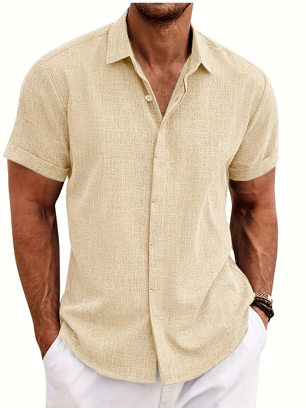 Men's Solid Color Shirt - Collared Short Sleeve 001061
