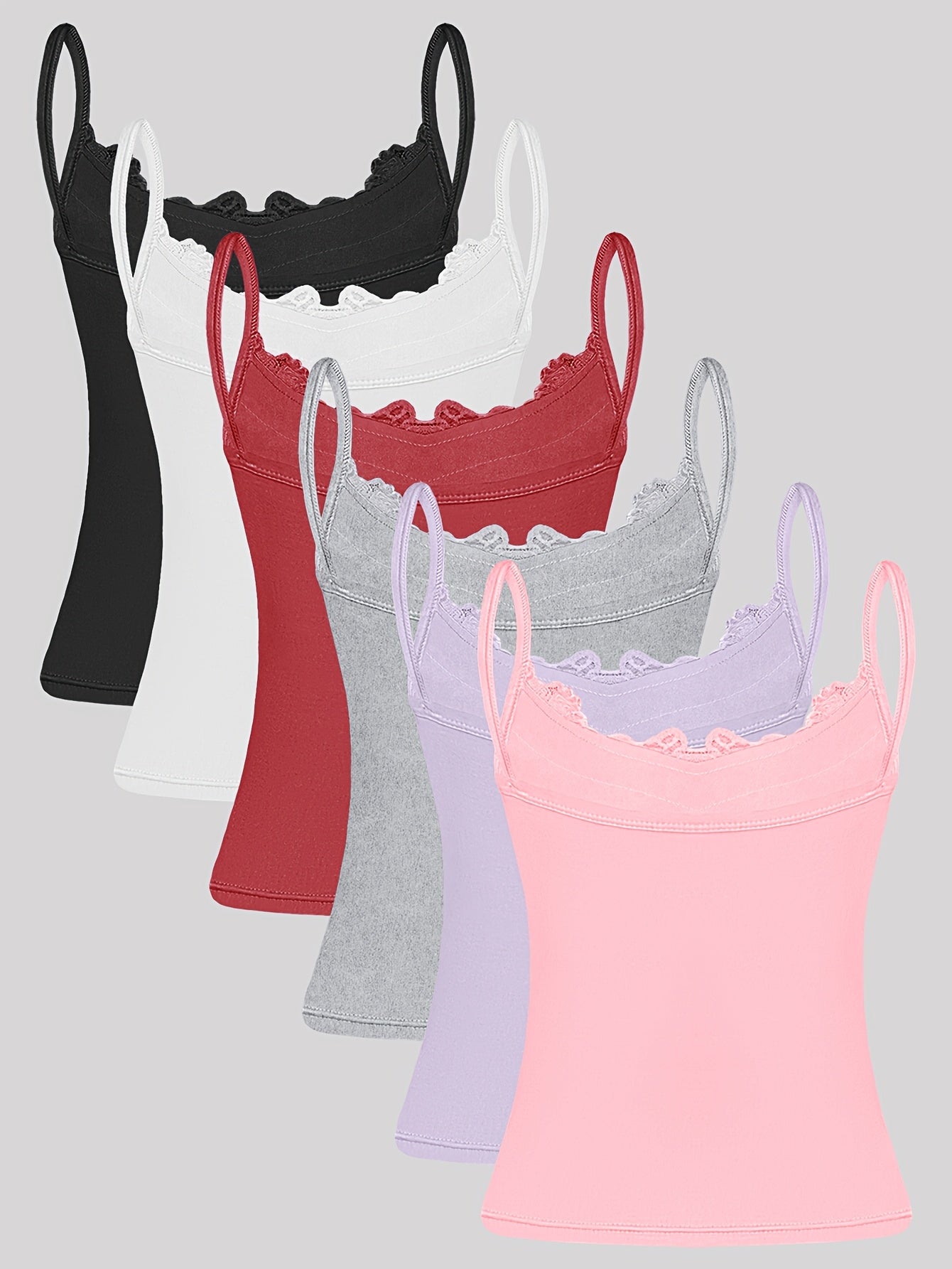 6-Item Collection: Elegant And Alluring Solid Color Lace Camisole for All Seasons, Fitted Underwear Base Layer Garment