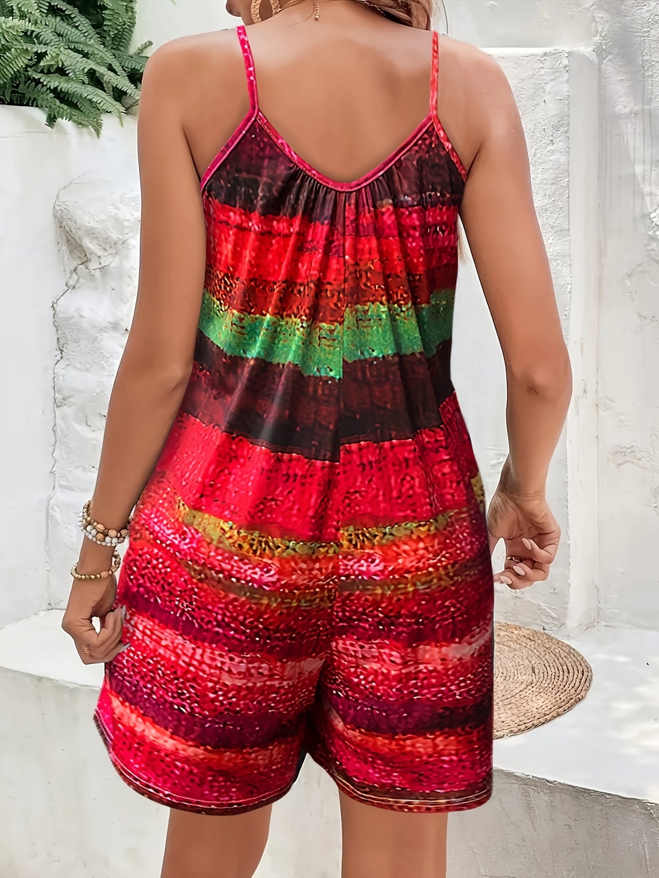 Women's Elegant Off-Shoulder Jumpsuit - Sleeveless Polyester Overalls with Pockets, Colorful Abstract Print, Perfect for Spring/Summer