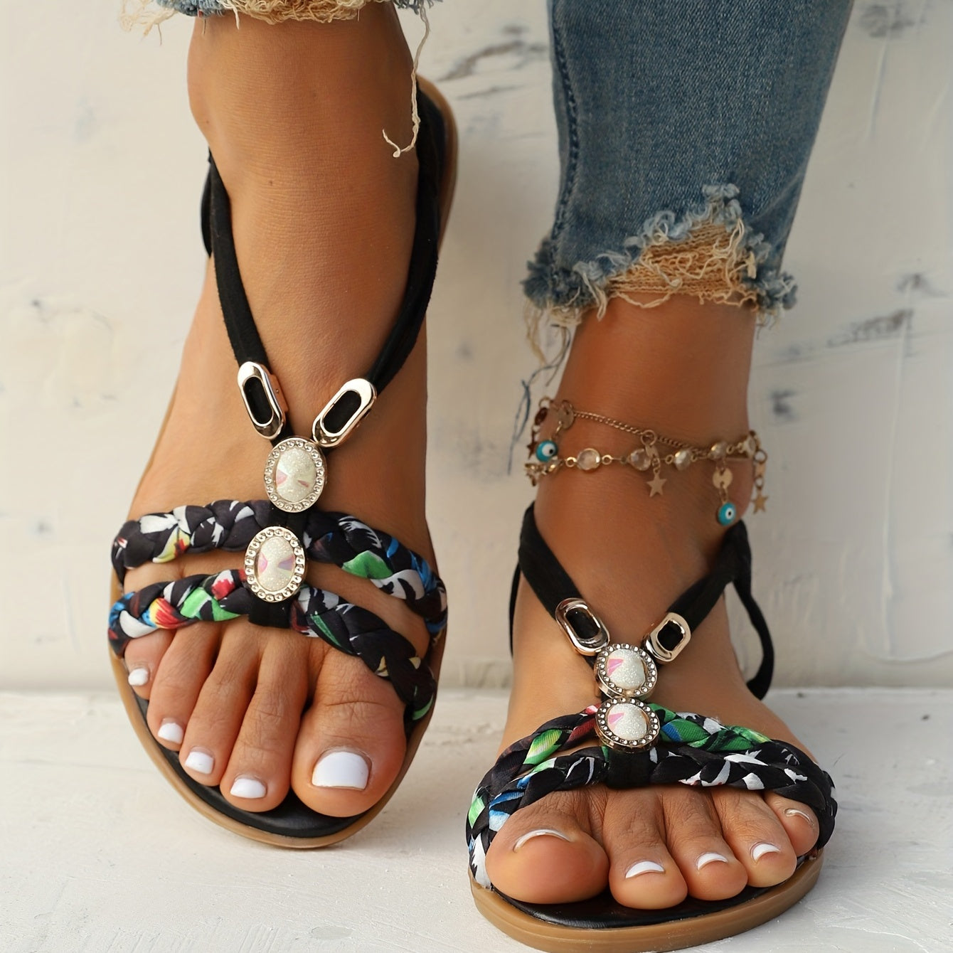 [Beach Vacation Shoes] Women's Flat Sandals Bohemian Floral Braided Straps Rhinestone Beaded Elastic Slingback Summer Beach Vacation Shoes Casual Walking Footwear For Ladies Teens Lightweight Comfortable Dressy Sandals Cruise Outfit Essential Daily Wear L