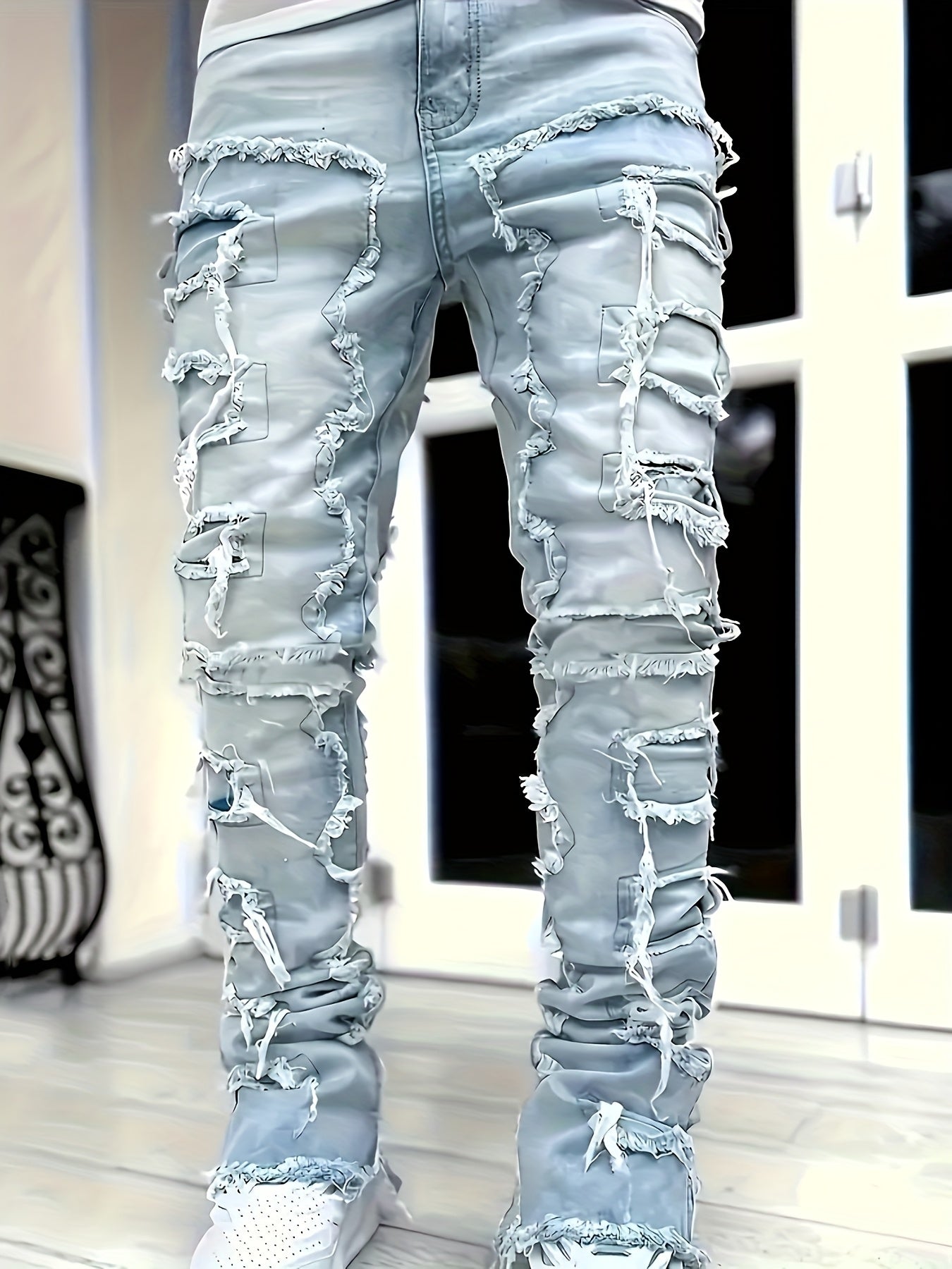 Men's Ripped Jeans Retro Street Style Spliced Slim Jeans Versatile Men Straight Denim Pants