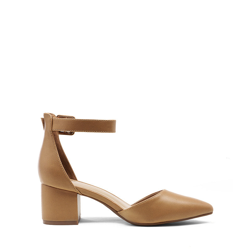 Pointed Toe Low Chunky Heels Pump Shoes Women Pumps with Ankle Strap