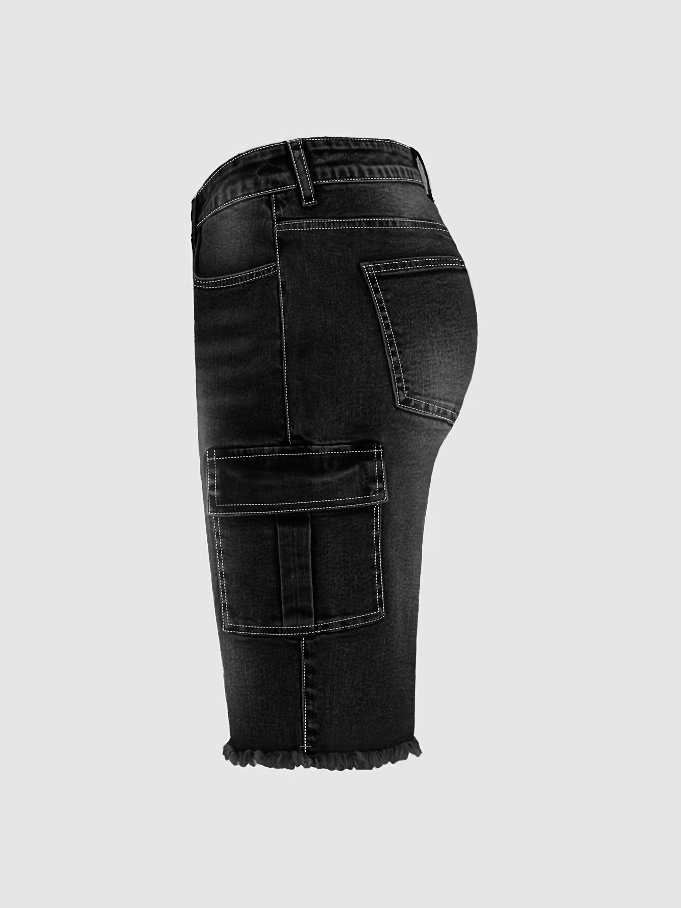 Plus Size Women's Black Denim Knee Length Shorts, High Waist Stretch Slim Fit, Side Flap Pockets, Frayed Hem, Casual Daily Wear, Machine Washable, Spring Summer Wear