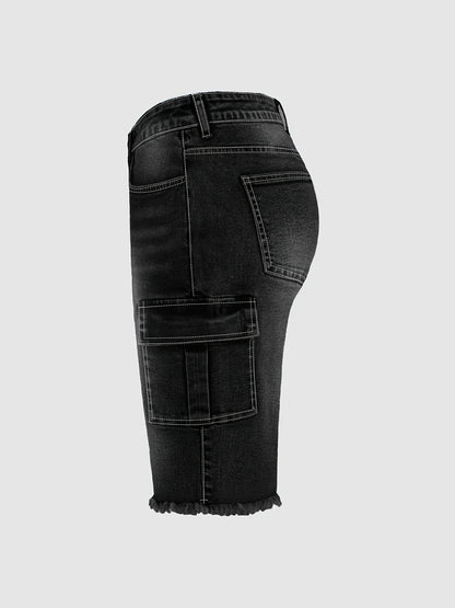 Plus Size Women's Black Denim Knee Length Shorts, High Waist Stretch Slim Fit, Side Flap Pockets, Frayed Hem, Casual Daily Wear, Machine Washable, Spring Summer Wear