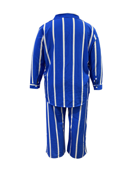 Women's Two-piece Striped Long-sleeved Button- Shirt with Wide-leg Trousers with Pockets