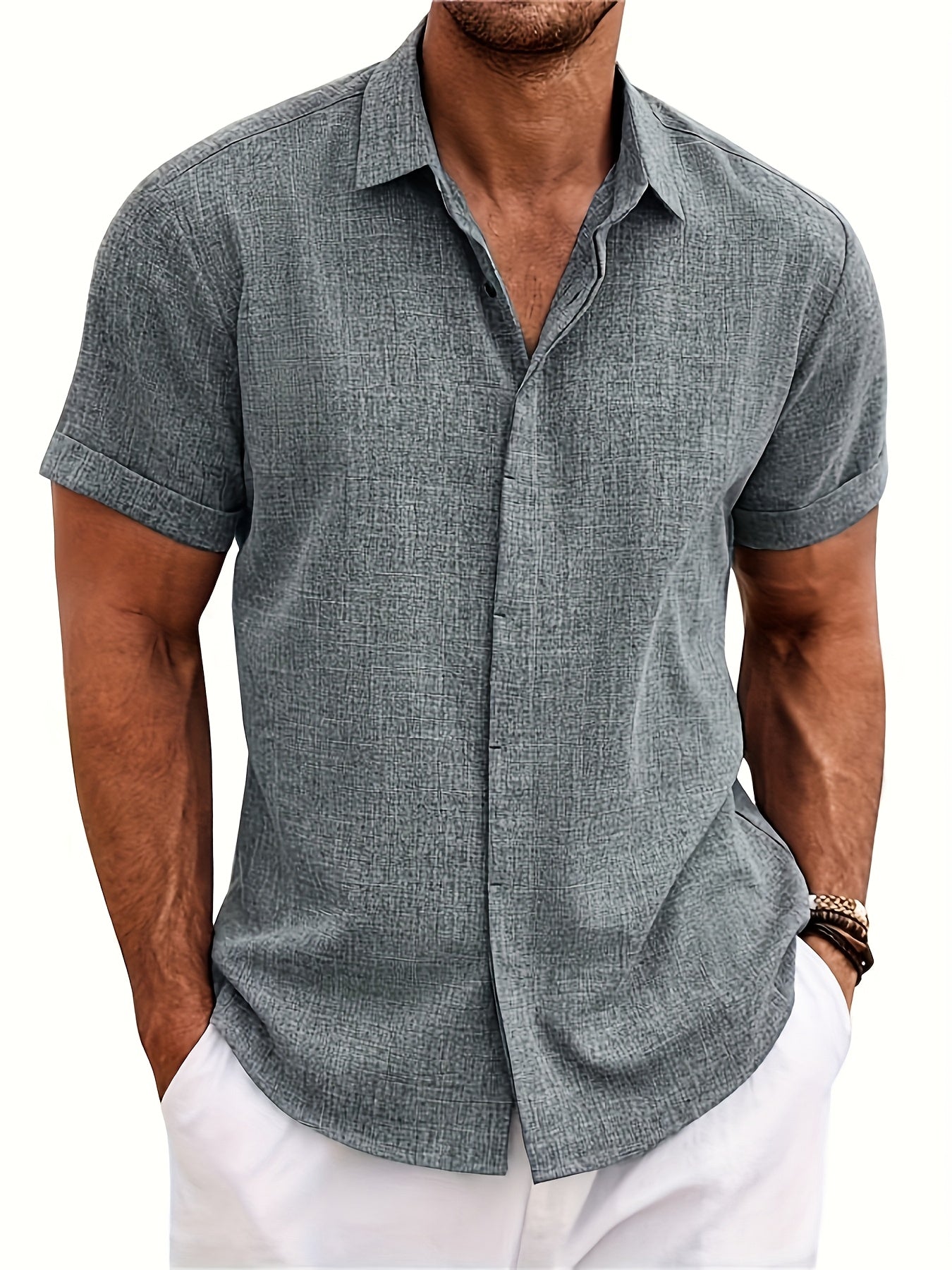 Men's Plus Size Double Placket Short Sleeve High Quality Shirt, Suitable for All Seasons, Home Short Sleeve Turn Collar Shirt, PLUS SIZE