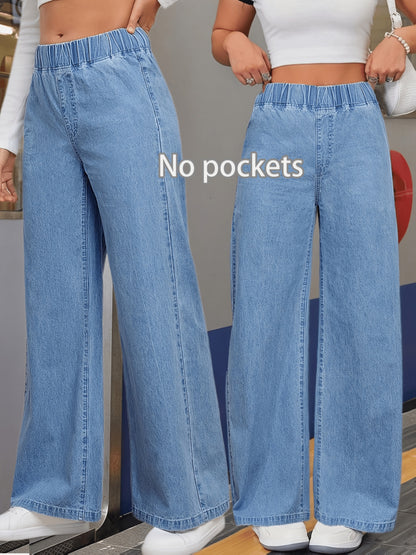 Women's Versatile Mid-blue Casual Stretch Waist Wide-leg Loose Regular Lightweight Denim Jeans