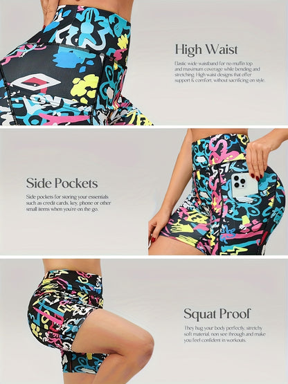 4-Way Stretch Women'S Fashion Printed 3-Inch Shorts Body-Hugging Fit, Tie-Dye Print with Side Pockets, High-Waisted Tummy Control