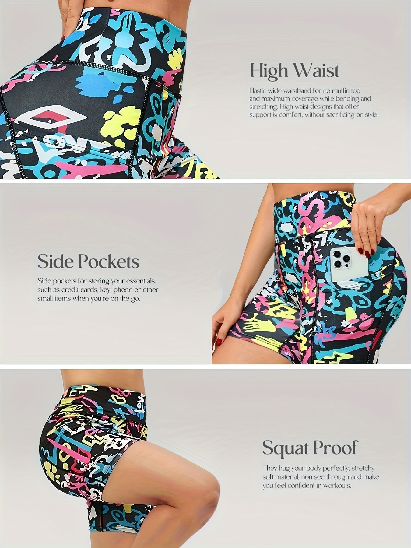 4-Way Stretch Women'S Fashion Printed 3-Inch Shorts Body-Hugging Fit, Tie-Dye Print with Side Pockets, High-Waisted Tummy Control