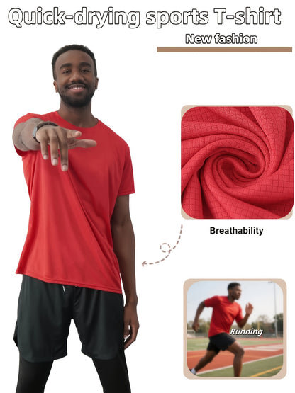 5pcs Men'S Summer Loose Crew Neck Short Sleeve T-Shirt - Check Fabric Top-Moisture-absorbent, Breathable, Soft And Comfortable For Daily Sports, Fitness And Training