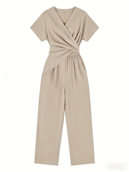 Women's 2pcs Stylish Short-Sleeve Set Summer Front Cross Tie Wide-Leg Pants Set Casual Irregular Top with Pockets Outfit Looser Fit: Order 1-2 Sizes Up.