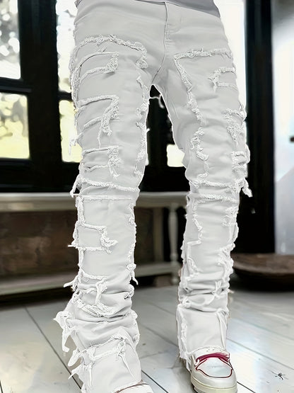 (Available In Five Colors) Teenager Ripped Jeans, Retro Street Style, High Street Patch Fabric, Popular Ripped Jeans, Fashionable Splicing, Slim Fit Jeans, Versatile Straight Jeans 1pc, Perfect for Outdoor, for Teenager