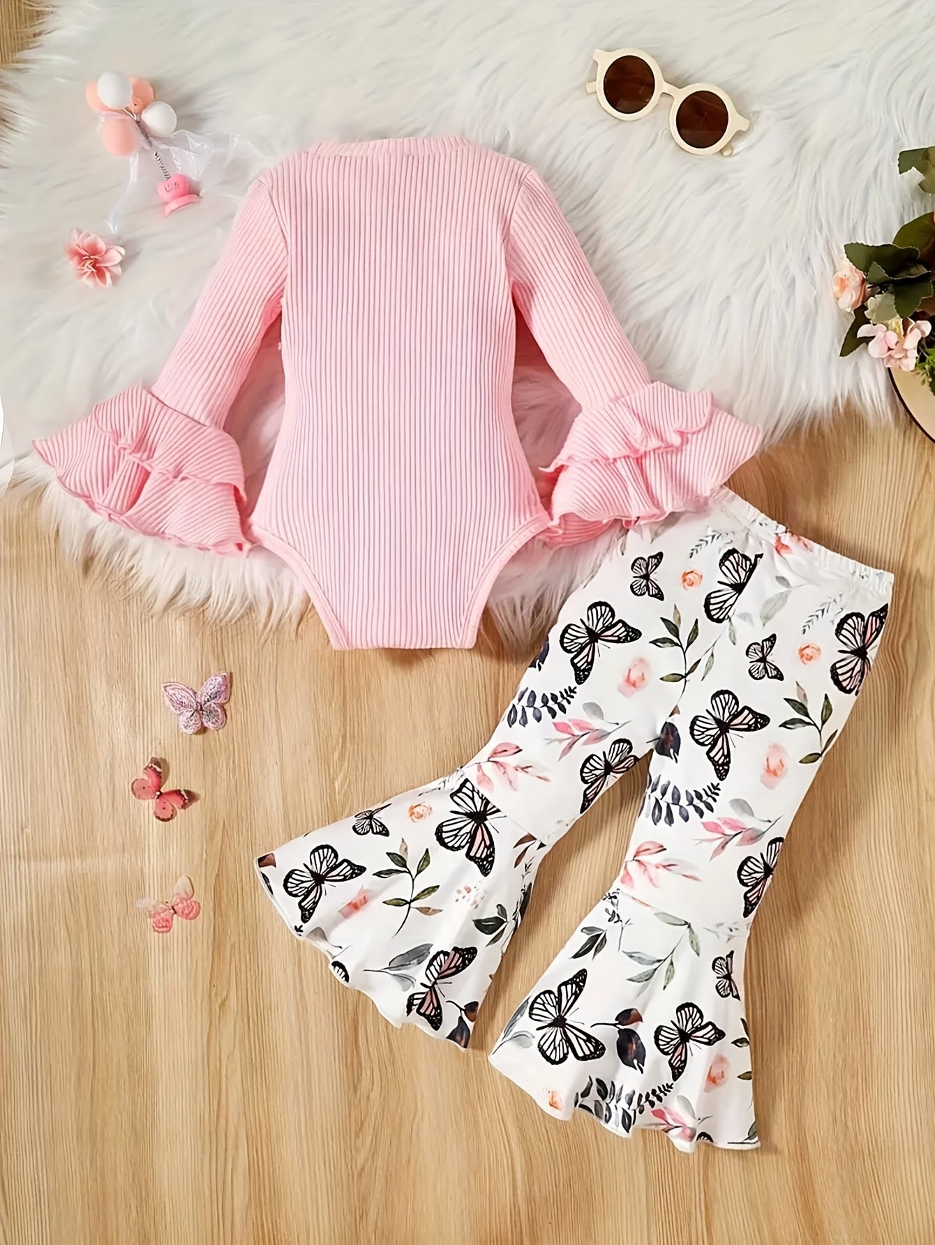 2pcs Of Baby Girl Winter Pink Bow Flared Sleeve Jumpsuit with Butterfly Print Flared Pants And Pants Casual Set, Perfect for Outdoor