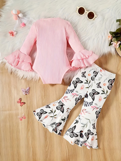 2pcs Of Baby Girl Winter Pink Bow Flared Sleeve Jumpsuit with Butterfly Print Flared Pants And Pants Casual Set, Perfect for Outdoor