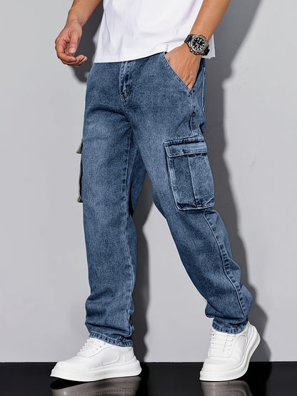[HME] Men's Simple And Casual Denim Trousers, Retro Snowflake Washed Classic Blue, Three-dimensional Cut Functional Multi-pocket Work Pants, Mid-waist Elastic Straight-leg Pants, Essential for Daily Casual Wear, Classic Men's Plus-size Jeans