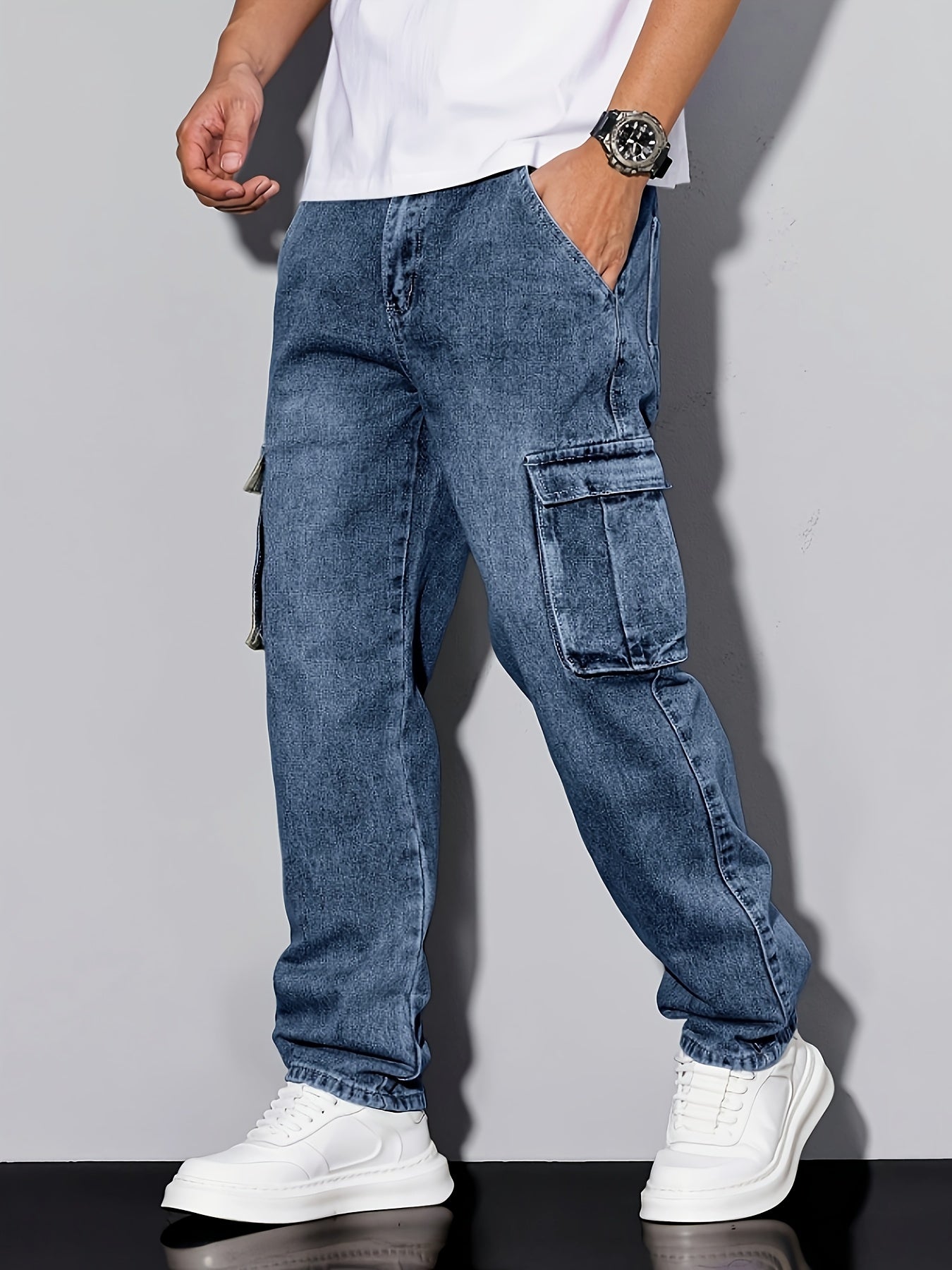 [HME] Men's Simple And Casual Denim Trousers, Retro Snowflake Washed Classic Blue, Three-dimensional Cut Functional Multi-pocket Work Pants, Mid-waist Elastic Straight-leg Pants, Essential for Daily Casual Wear, Classic Men's Plus-size Jeans