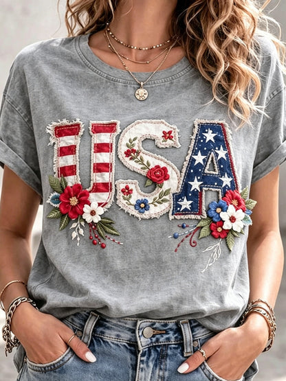 USA 250Th Anniversary Women'S Independence Day Patriotic T-Shirt, 2D Print Casual Short-Sleeve Crewneck Tee for July 4Th Celebrations