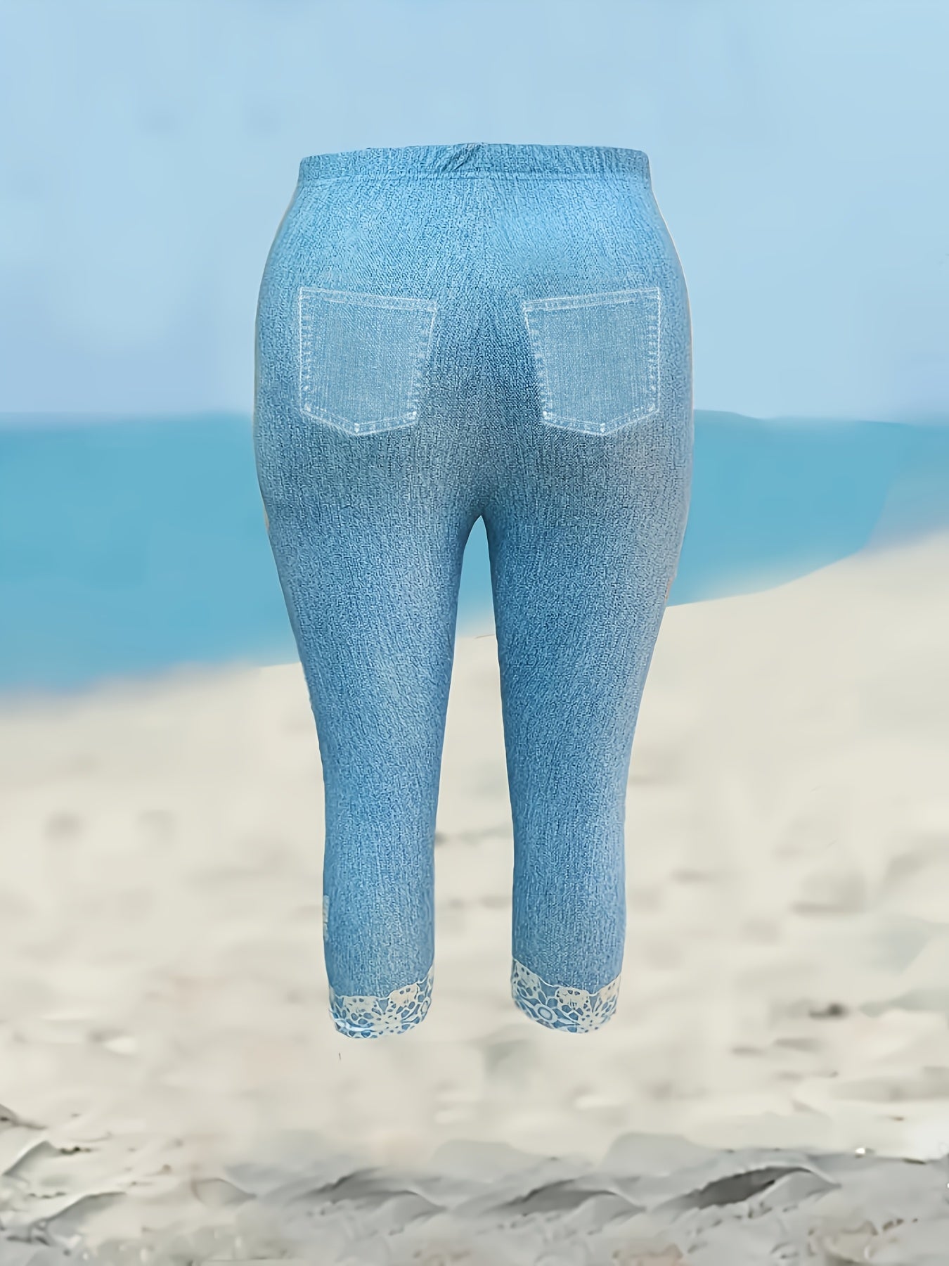 Women's Stretch Denim-Style Butterfly Print Capri Pants - Light Blue Lace Trim Slim-Fit Mid-Length Leggings, Smooth Texture All-Season Casual Elegant Pants for Women, Autumn Wardrobe, Denimstyle Leggings, Stretchy Fabric, Print Leggings, Trendy Outfits