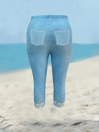 Women's Stretch Denim-Style Butterfly Print Capri Pants - Light Blue Lace Trim Slim-Fit Mid-Length Leggings, Smooth Texture All-Season Casual Elegant Pants for Women, Autumn Wardrobe, Denimstyle Leggings, Stretchy Fabric, Print Leggings, Trendy Outfits