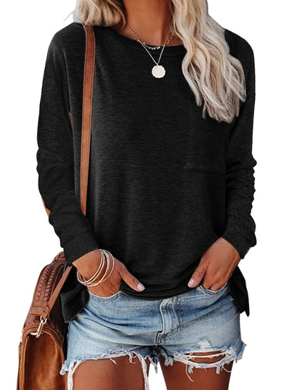 3 Long-Sleeved Solid-Color Round-Neck T-Shirts for Women with A Pocket on The Chest, Side Slits at The Hem, Tightened Cuffs, Made of Soft Material, Easy And Versatile, Suitable for Commuting And Going Out. 3 Random Colors of Women'S Top