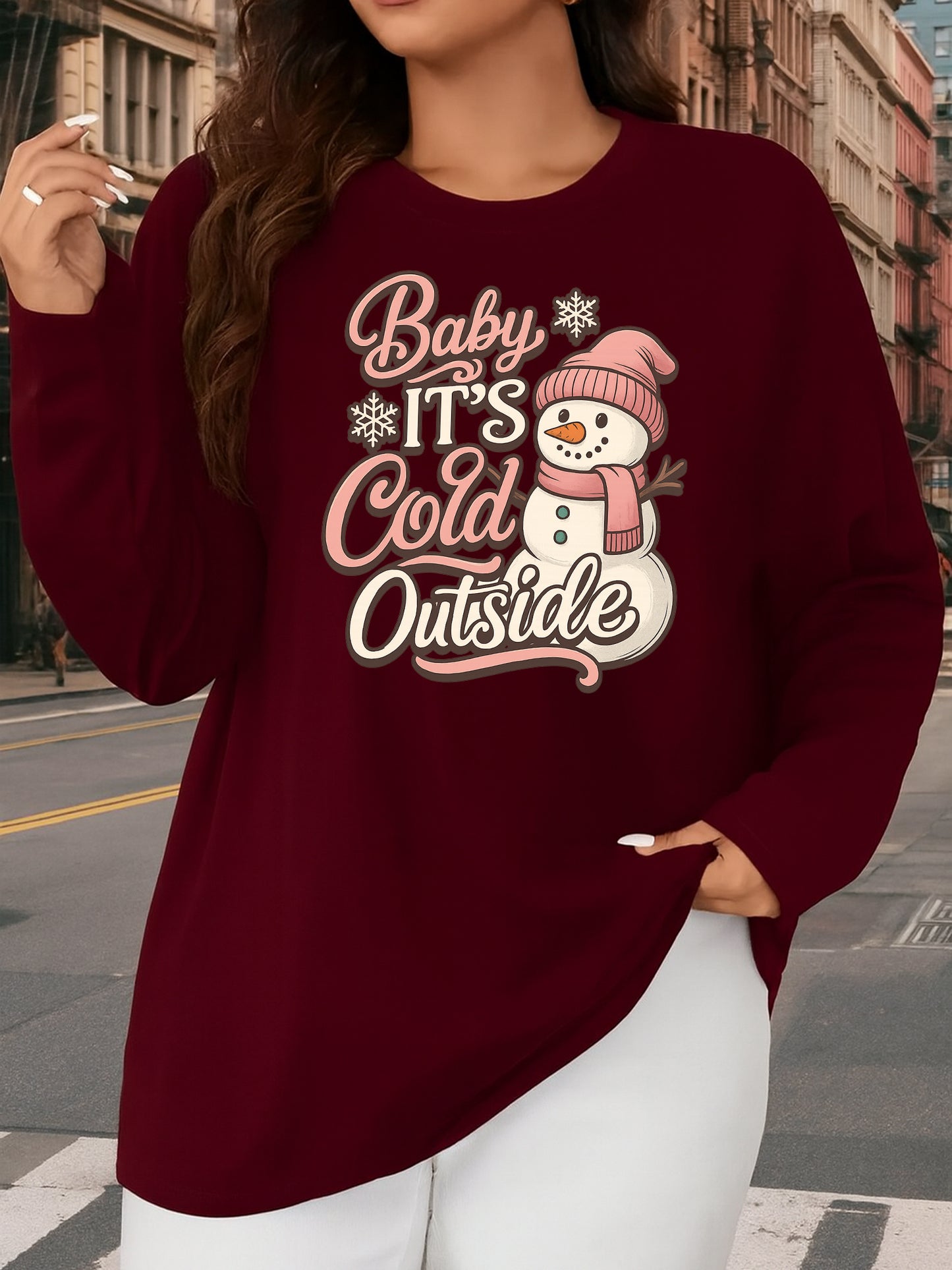 Plus Size, Oversized T-shirt with snowman pattern wearing pink hat and scarf, casual round neck oversized bottoming shirt, oversized long-sleeved T-shirt for spring and summer, Women's swear, new Women's clothing, machine washable