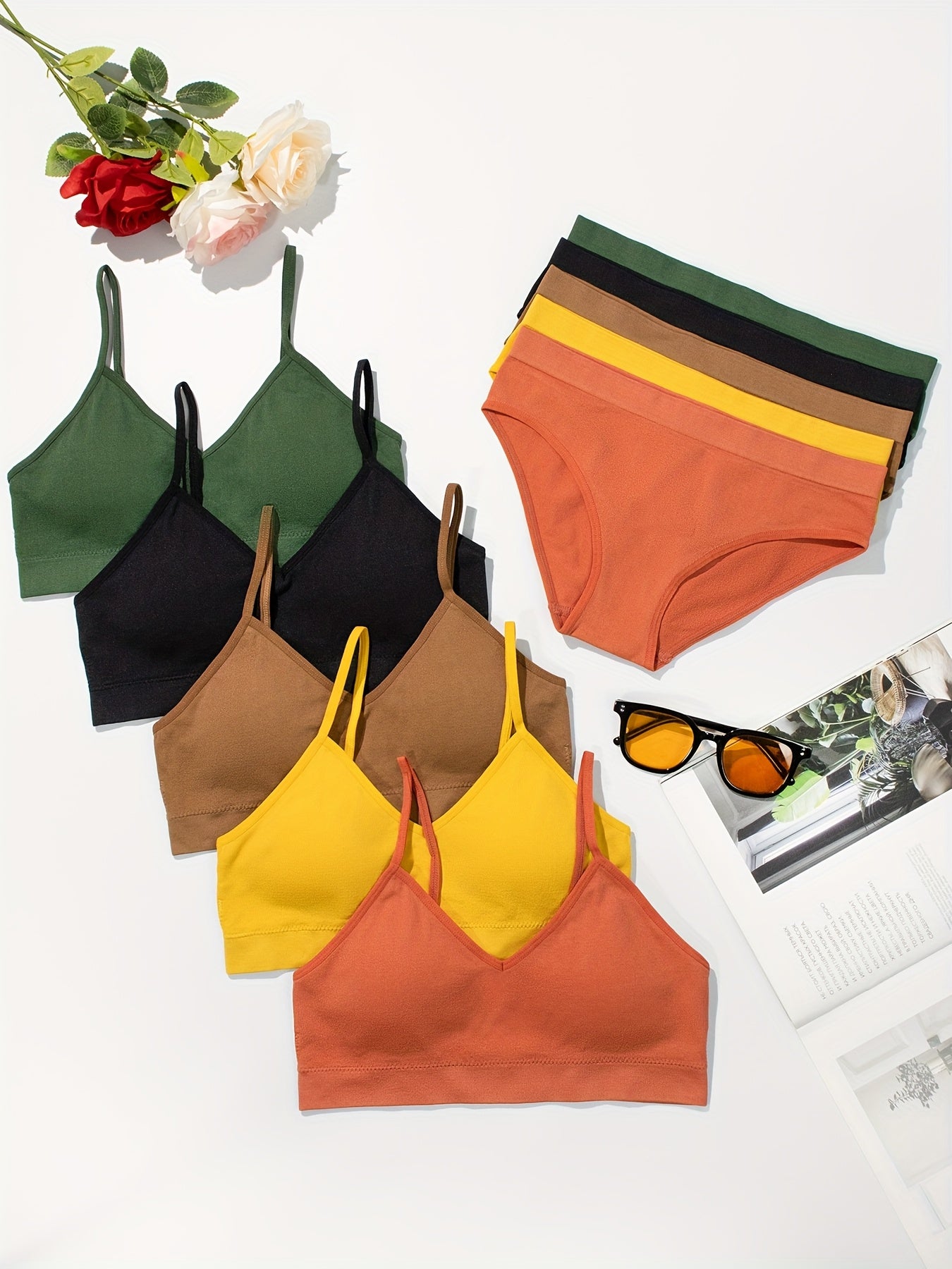 5pcs Women's Sexy And Cute Bra And Panty Underwear Set, Detachable Strapless Bra And Low-waist Stretch Briefs