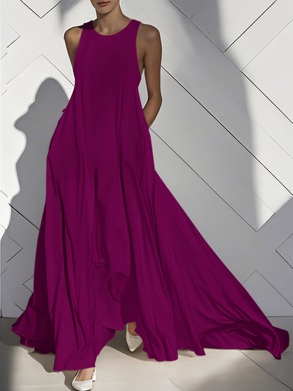 Women'S Long Dress, Summer Sleeveless Pocket Solid Skirt, Flared Ruffled Cutout Round Neck Loose Casual Vacation Fashion Everyday Pleated Maxi Dress