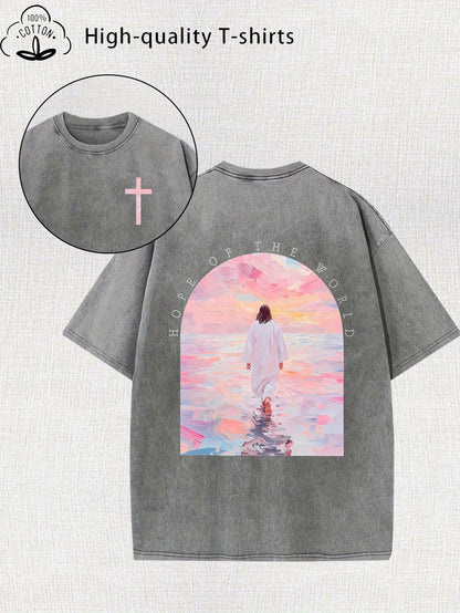 Women'S Trendy Printed Retro Washed T-Shirt - 230G Thick, Retro Street Style Crew Neck Short Sleeve, Machine Washable, Perfect for Spring/Summer Casual Wear, Unique Loose Fit Women'S T-Shirt