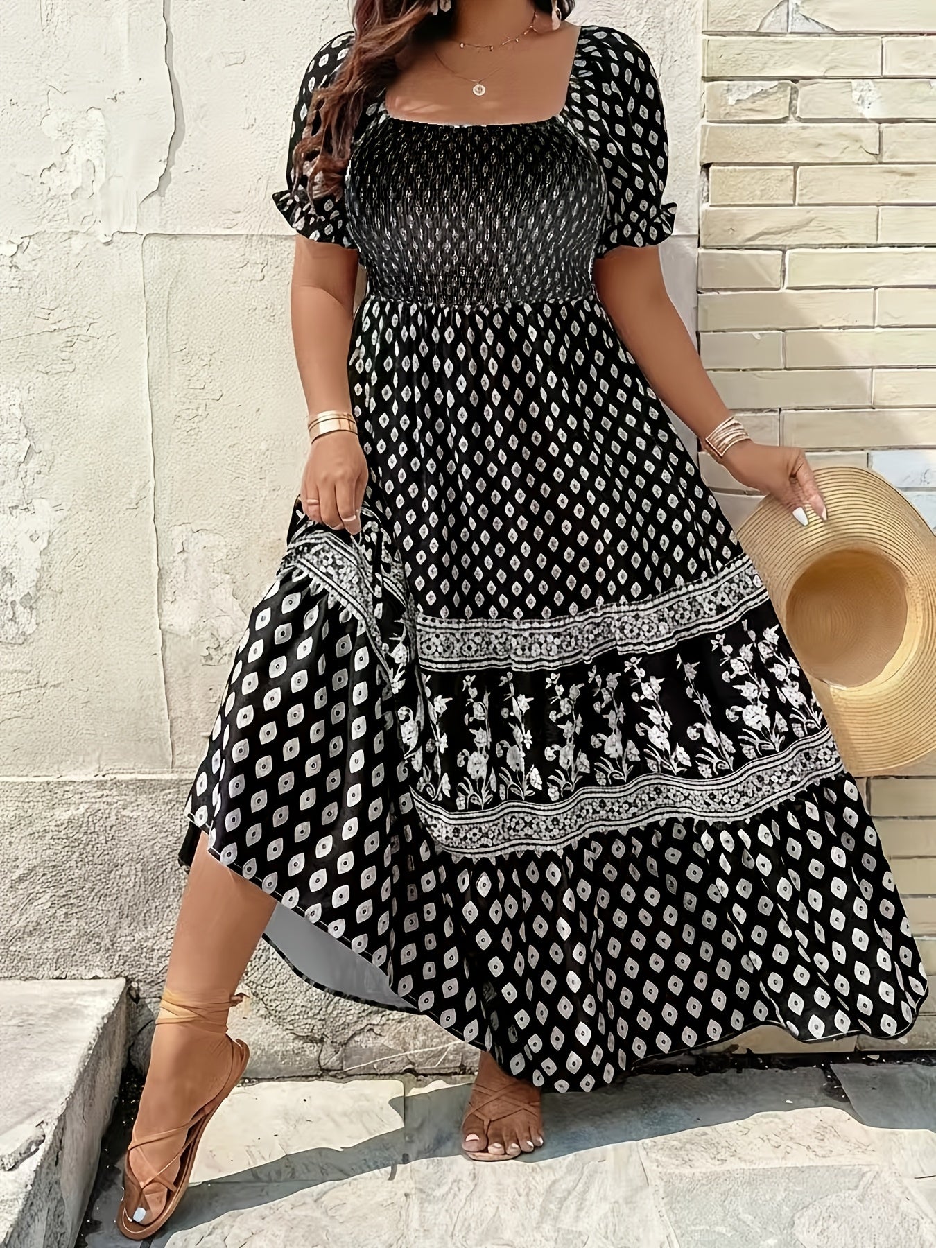 Plus Size - 1pc Spring Summer Mother'S Day Plus Size Women Elegant Bohemian Maxi Dress - Square Neck Puff Sleeve Smocked Bodice Floral Geometric Print Tiered Long Skirt Sophisticated Graceful Style For Vacation Beach Party Wear
