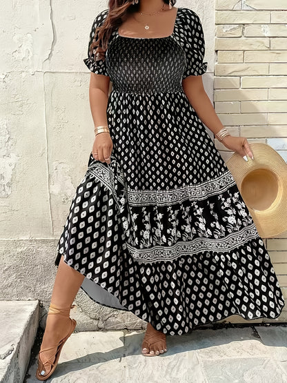 Plus Size - 1pc Spring Summer Mother'S Day Plus Size Women Elegant Bohemian Maxi Dress - Square Neck Puff Sleeve Smocked Bodice Floral Geometric Print Tiered Long Skirt Sophisticated Graceful Style For Vacation Beach Party Wear