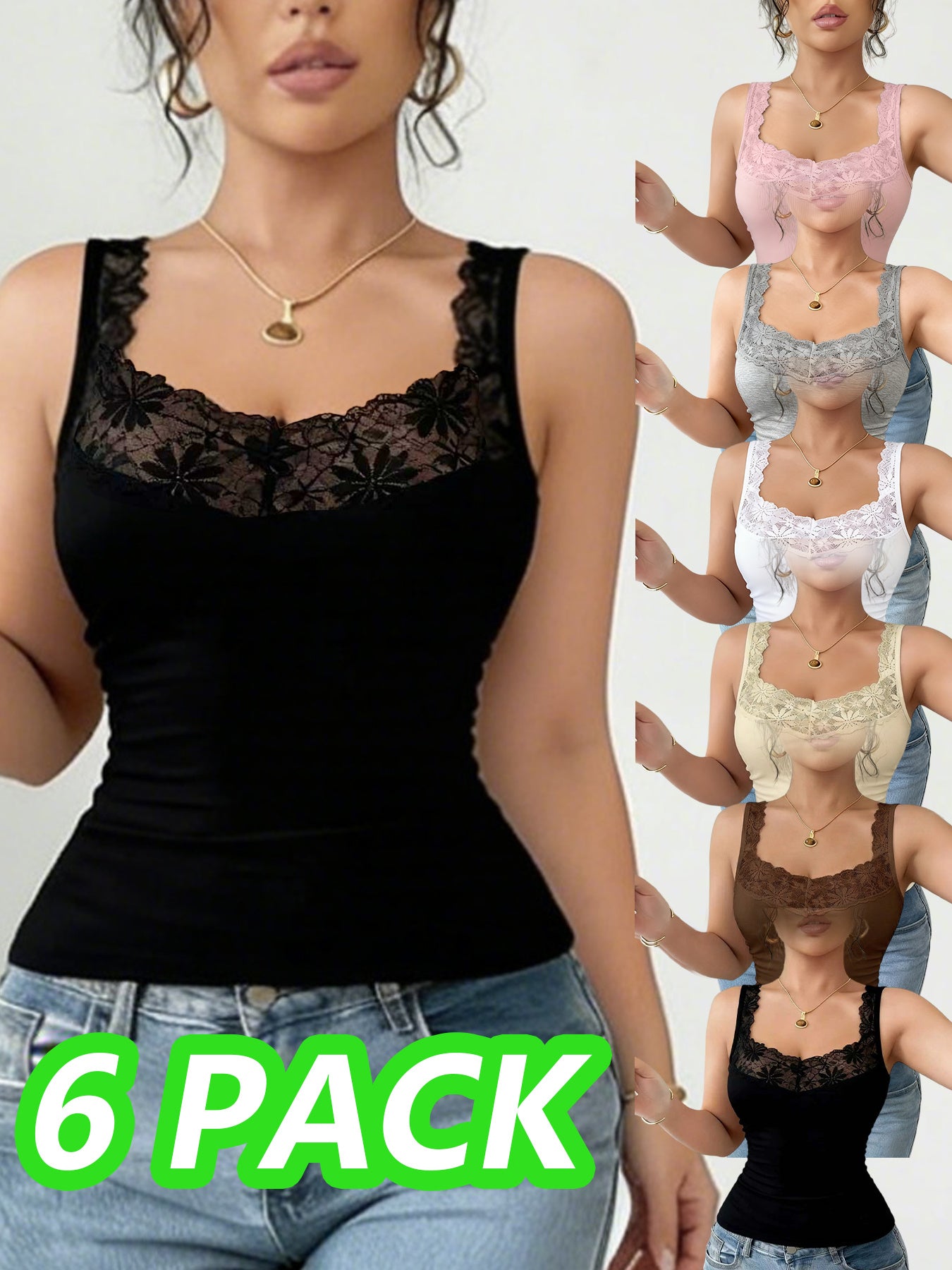 6pcs Set Women's Lace Camisole Vest Four Seasons Inner Wear Outer Wear Daily Casual Home Outdoor Covering Side Breast Base Shirt Sleeveless Top