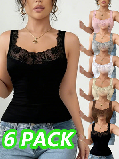 6pcs Set Women's Lace Camisole Vest Four Seasons Inner Wear Outer Wear Daily Casual Home Outdoor Covering Side Breast Base Shirt Sleeveless Top