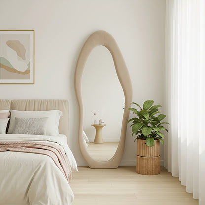 Irregular Velvet Frame Full Length Mirror Safe Rounded Corner for Kids Room (Milk Tea, White, Black, Green, Pink, Blue)