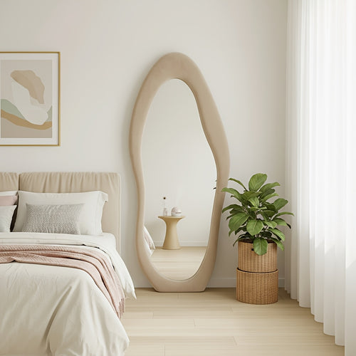 Irregular Velvet Frame Full Length Mirror Safe Rounded Corner for Kids Room (Milk Tea, White, Black, Green, Pink, Blue)