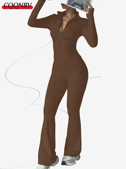 Zippered Long-sleeved Top with Flared Pants Set - Fashionable And Elegant Women's Outfit for Daily Casual Wear, And S. Available In Black, Gray And Beige Colors. Women's Tight Casual Outdoor Attire.