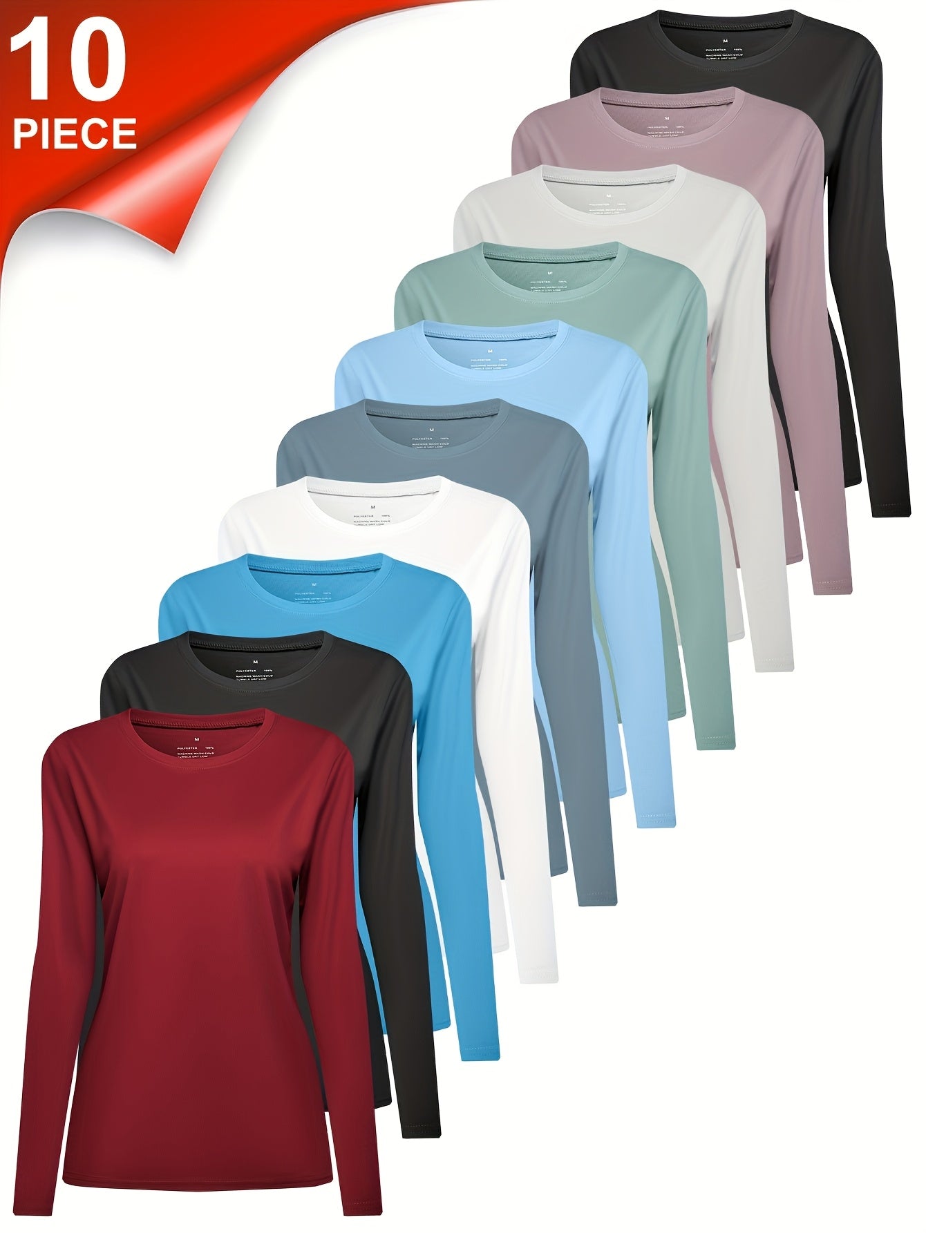10pcs Women'S Long Sleeve Crew Neck T-shirts - Casual Solid Colour Tops - Fine Beaded Ground Fabric For And Outdoor