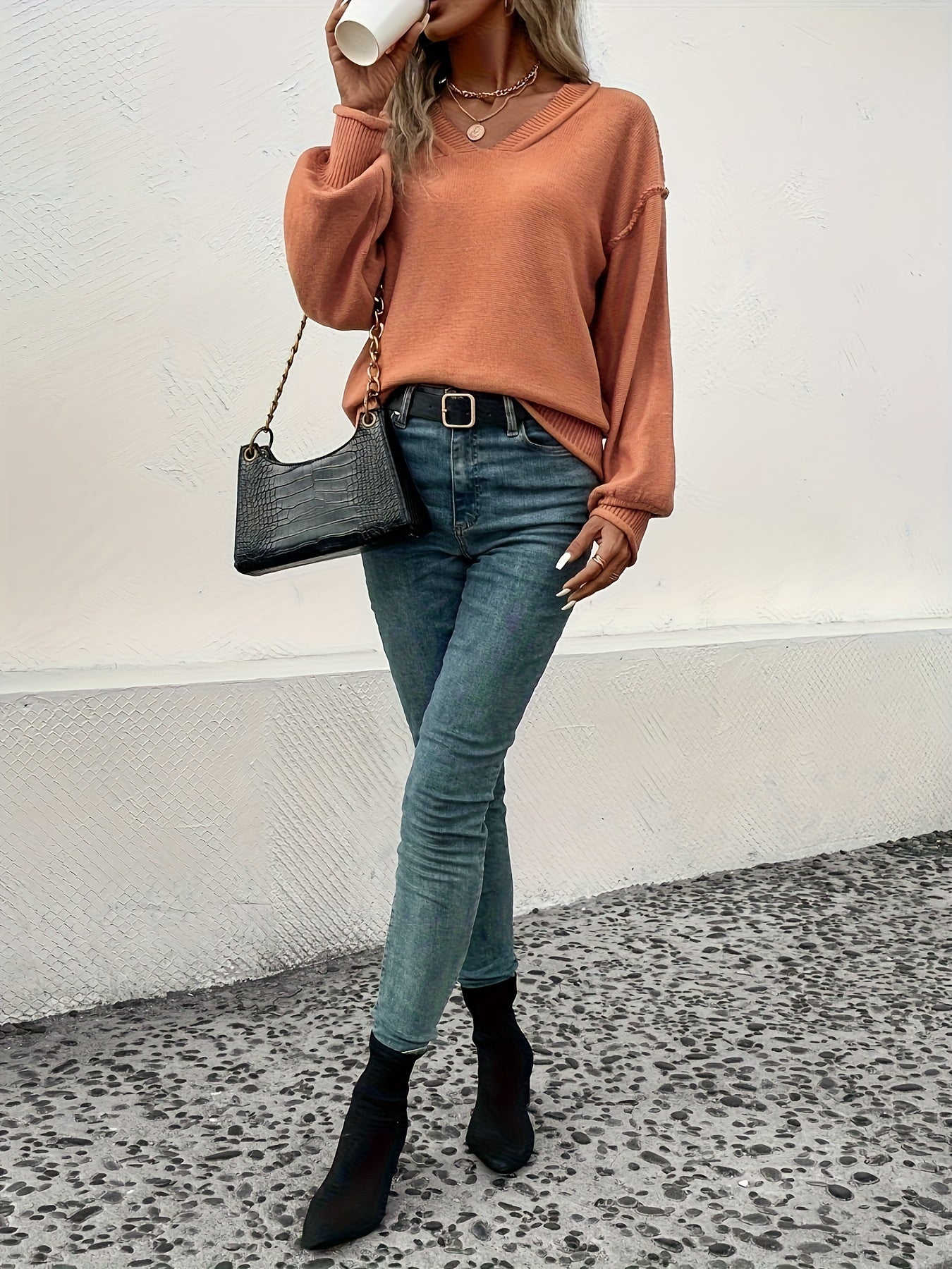Women's Casual Long-sleeved Sweater Autumn And Winter New Loose V-neck Solid Color Warm Pullover Sweater Valentine's Day High-Quality Women's Sweaters & New Year Women's Outfits
